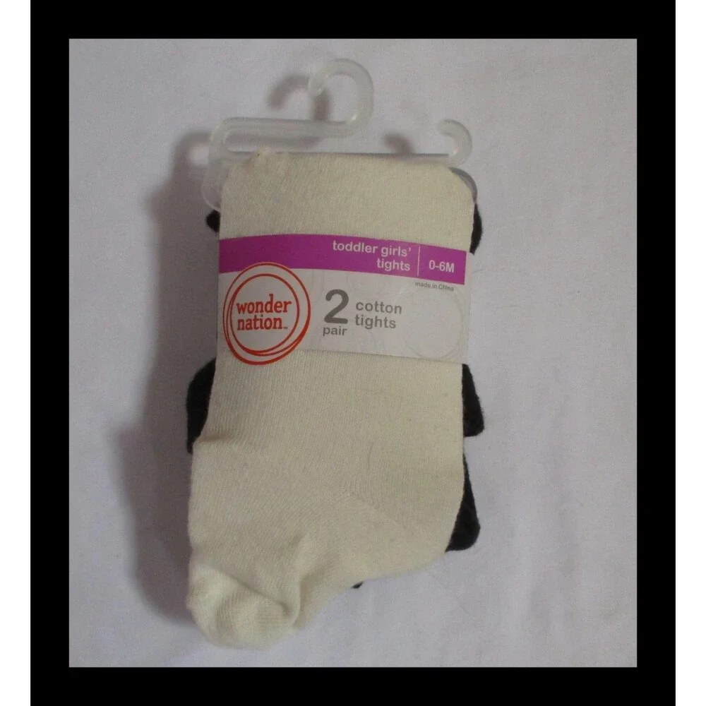 Wonder Nation 2 Pair Cotton Tights Cream & Black 0-6 Months NEW